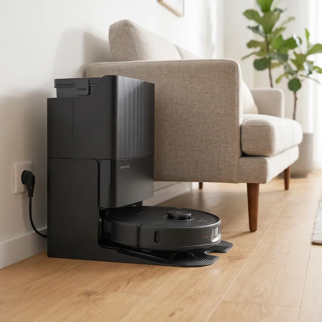 KI-Visualisierung: Roborock Qrevo MaxV Saugroboter reinigt unter einem Sofa