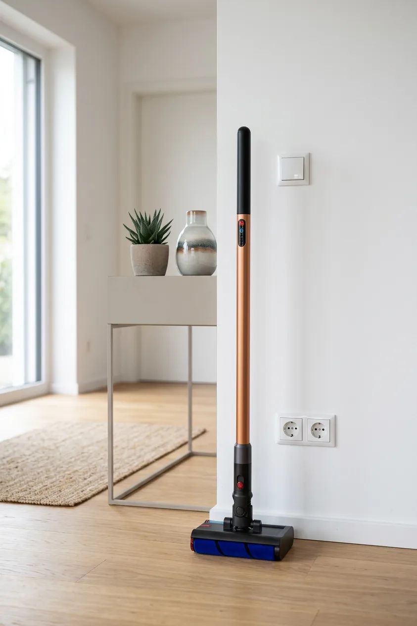 KI-Visualisierung: Dyson PencilVac Staubsauger in sauberer Wohnumgebung