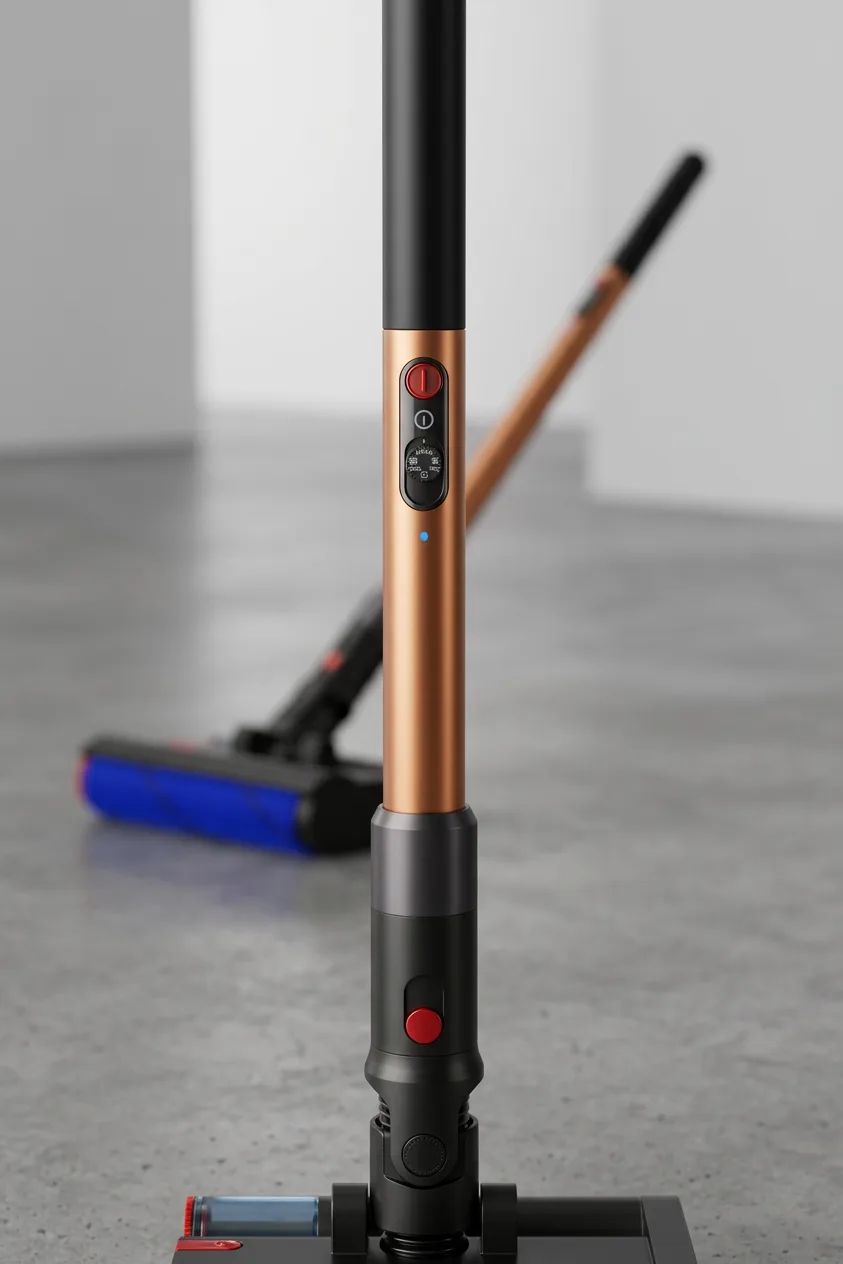 KI-Visualisierung: Dyson PencilVac Nahaufnahme von Tasten und Designelementen