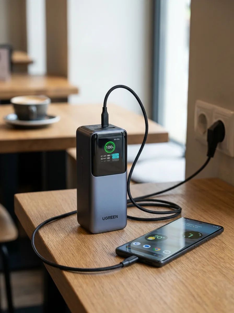 KI-Visualisierung: UGREEN Nexode Powerbank 20000mAh 130W Powerbank lädt Smartphone über USB-C