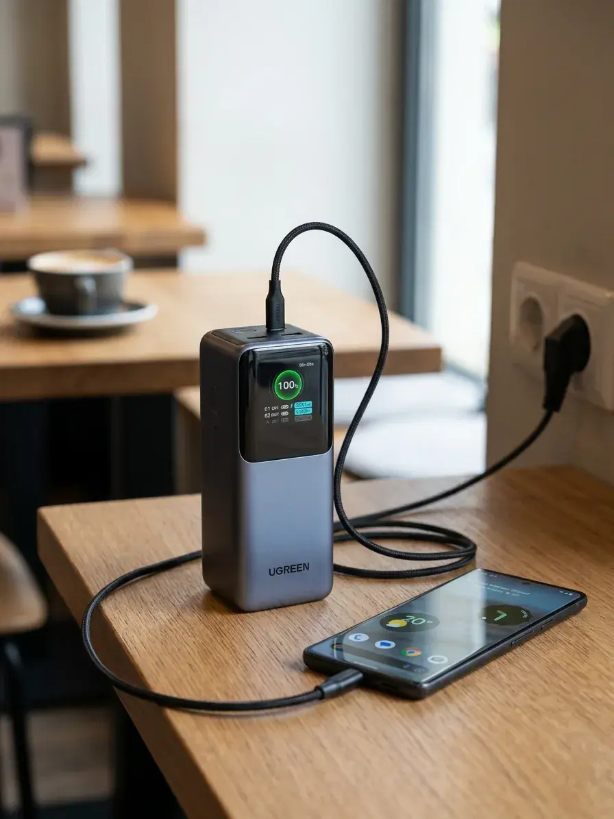 KI-Visualisierung: UGREEN Nexode Powerbank 20000mAh 130W Powerbank lädt Smartphone über USB-C