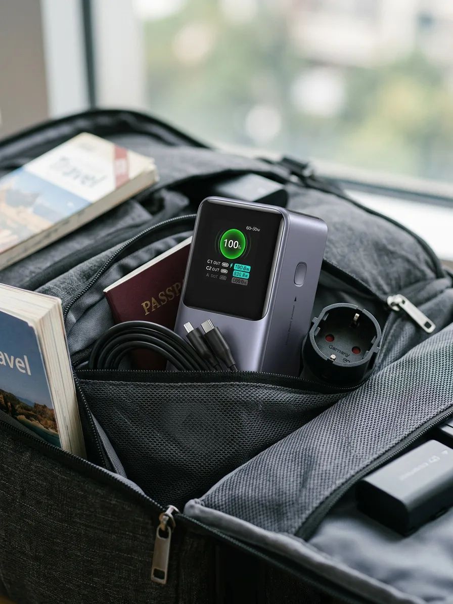 KI-Visualisierung: UGREEN Nexode Powerbank 20000mAh 130W Powerbank verstaut in einer Reisetasche