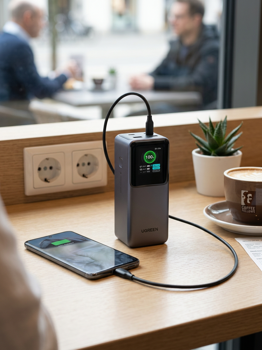 KI-Visualisierung: UGREEN Nexode Powerbank 20000mAh 130W Powerbank im täglichen Einsatz