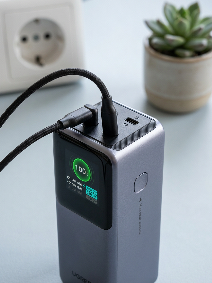 KI-Visualisierung: UGREEN Nexode Powerbank 20000mAh 130W mobile Stromversorgung im Alltag