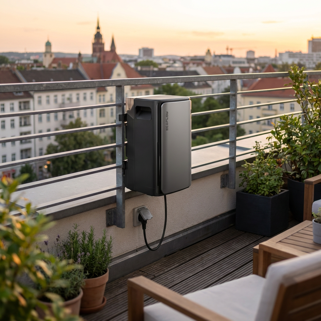 KI-Visualisierung: EcoFlow STREAM Ultra Pro Solaranlage am Balkon mit Aussicht