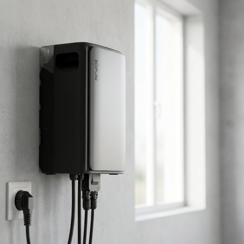 KI-Visualisierung: EcoFlow STREAM Ultra Pro Mikrowechselrichter mit verschiedenen Kabelanschlüssen