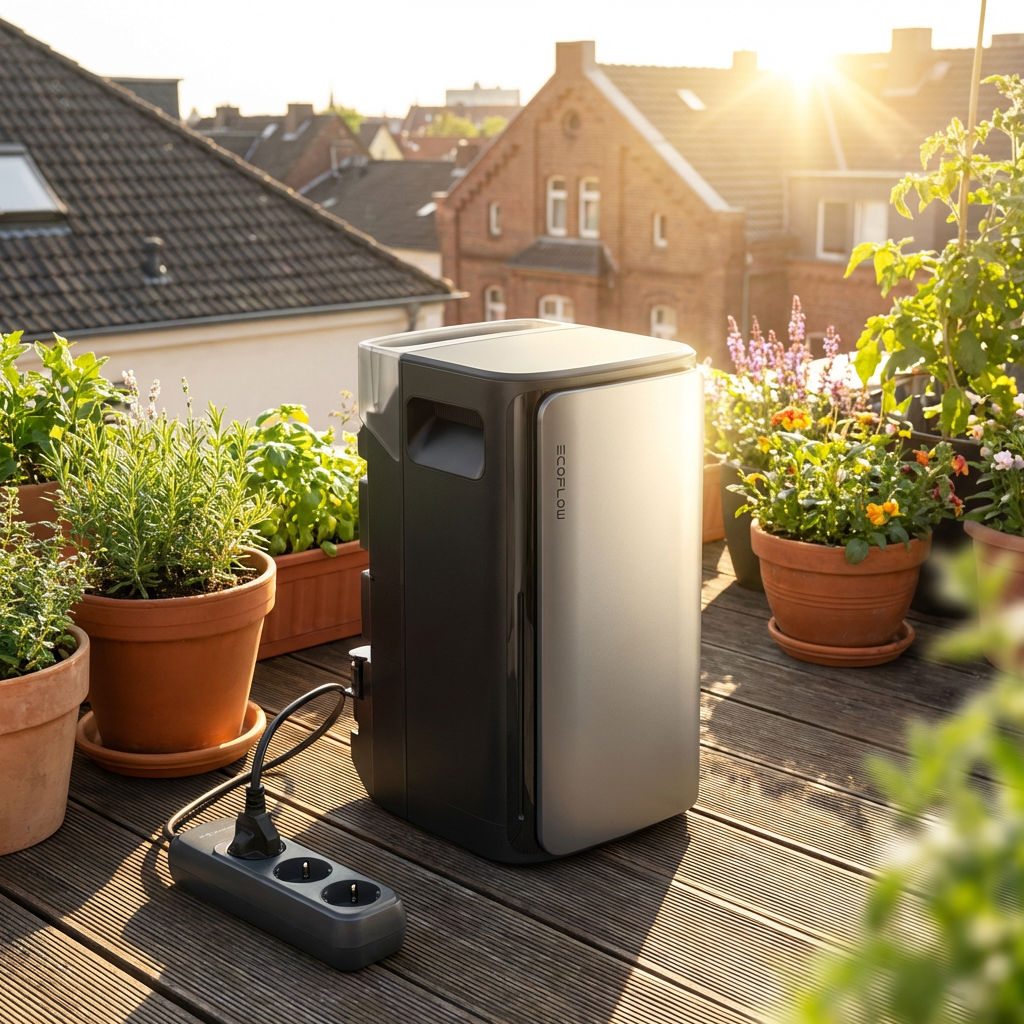 KI-Visualisierung: EcoFlow STREAM Ultra Pro Solarstrom-Einheit im Außenbereich aufgestellt