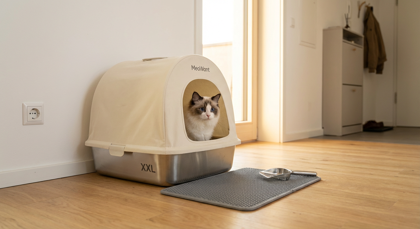 KI-Visualisierung: MeoWant Stainless Steel Cat Litter Box MW-LB02 Katzenklo mit Katze in Wohnumgebung