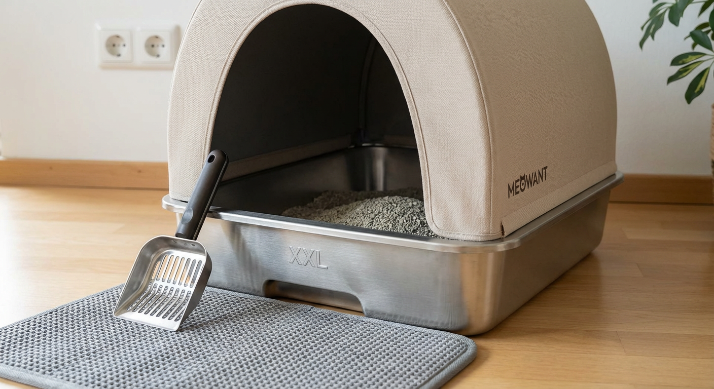 KI-Visualisierung: MeoWant Stainless Steel Cat Litter Box MW-LB02 Innenmechanismus und Abfallfach des Katzenklos