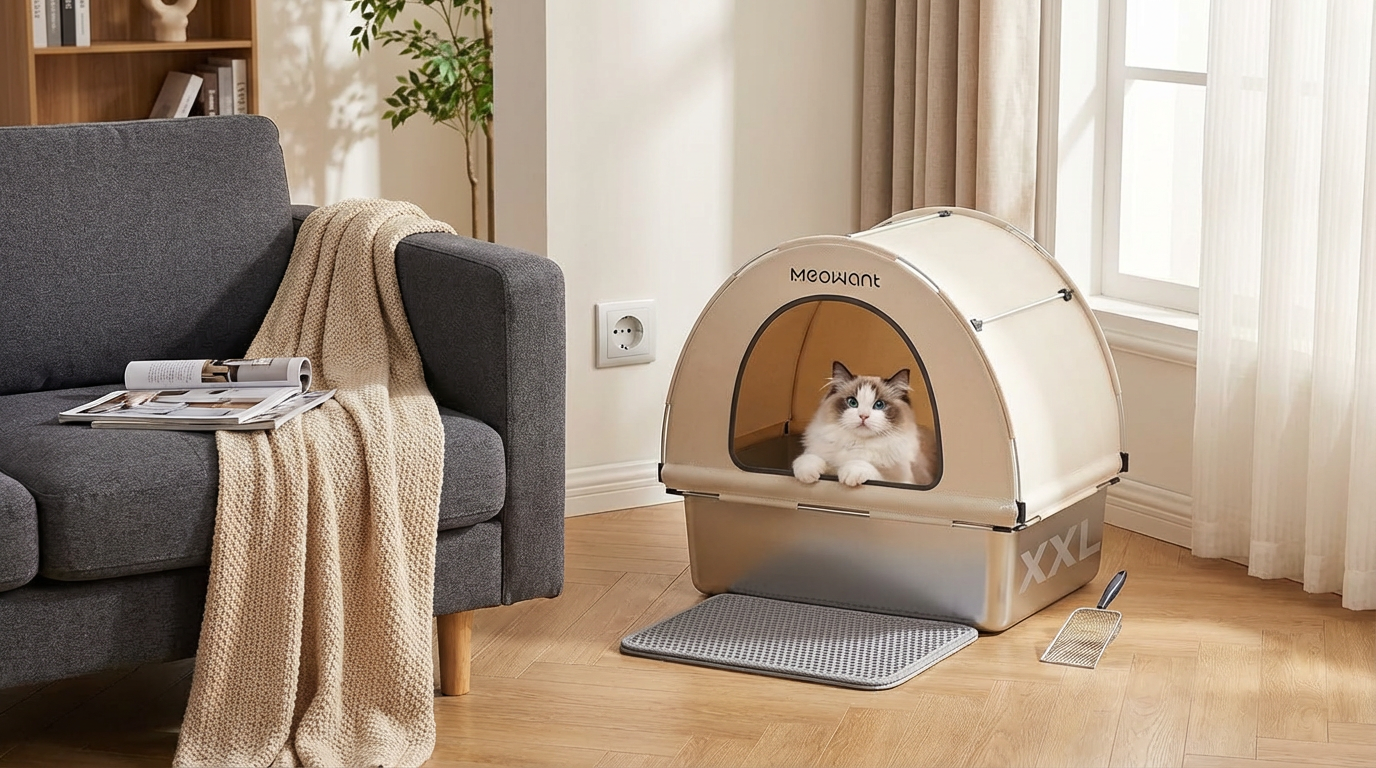 KI-Visualisierung: MeoWant Stainless Steel Cat Litter Box MW-LB02 Katzenklo integriert in moderne Inneneinrichtung
