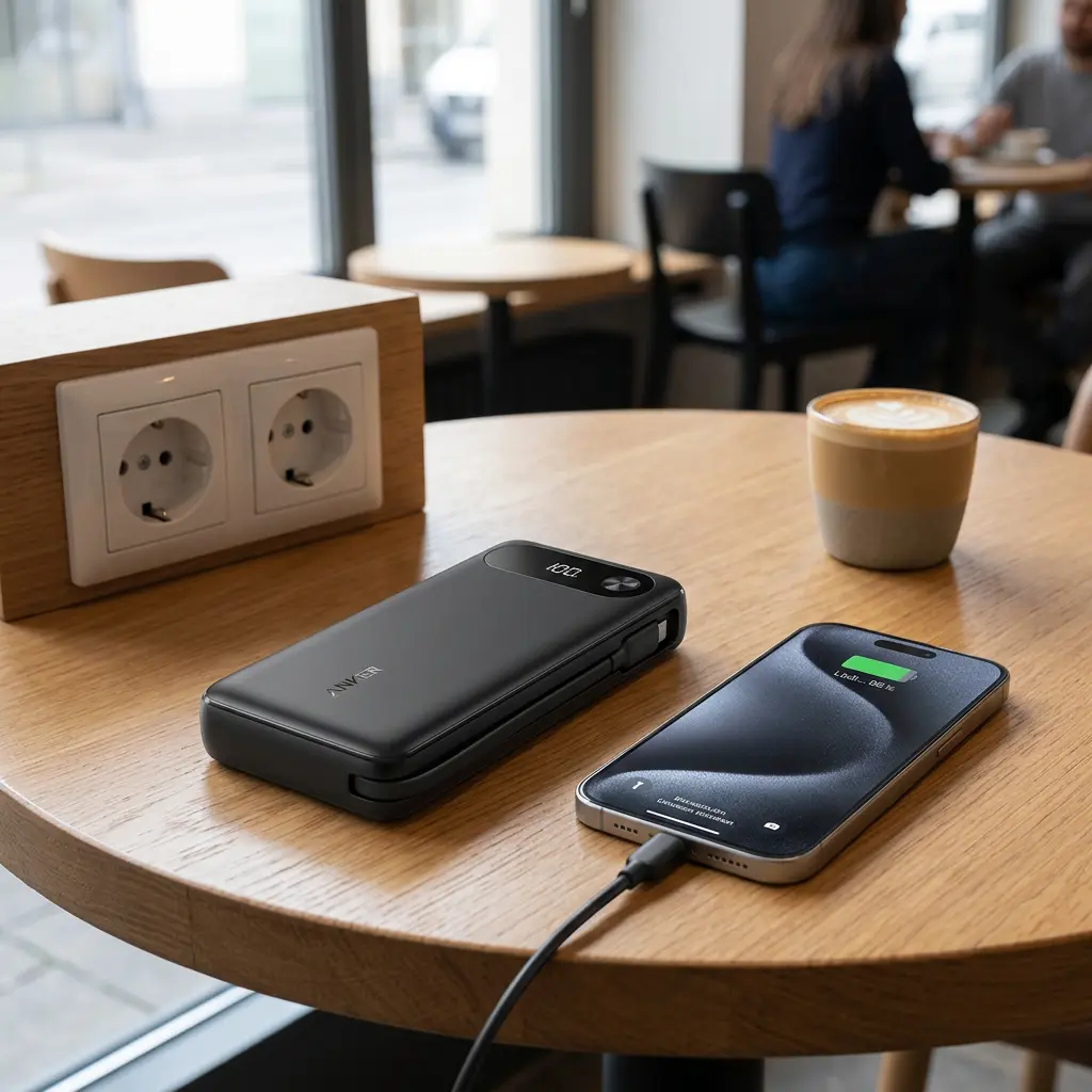KI-Visualisierung: Anker Powerbank (20K, 87W, Integriertes USB-C Kabel) Smartphone wird per Powerbank geladen
