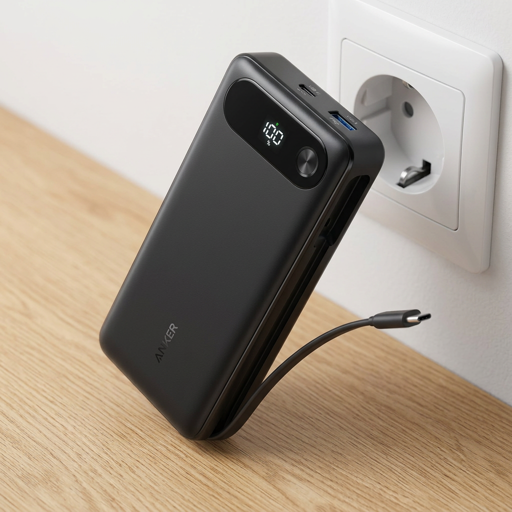 KI-Visualisierung: Anker Powerbank (20K, 87W, Integriertes USB-C Kabel) Kabelverbindungen und Ports eines Akkus