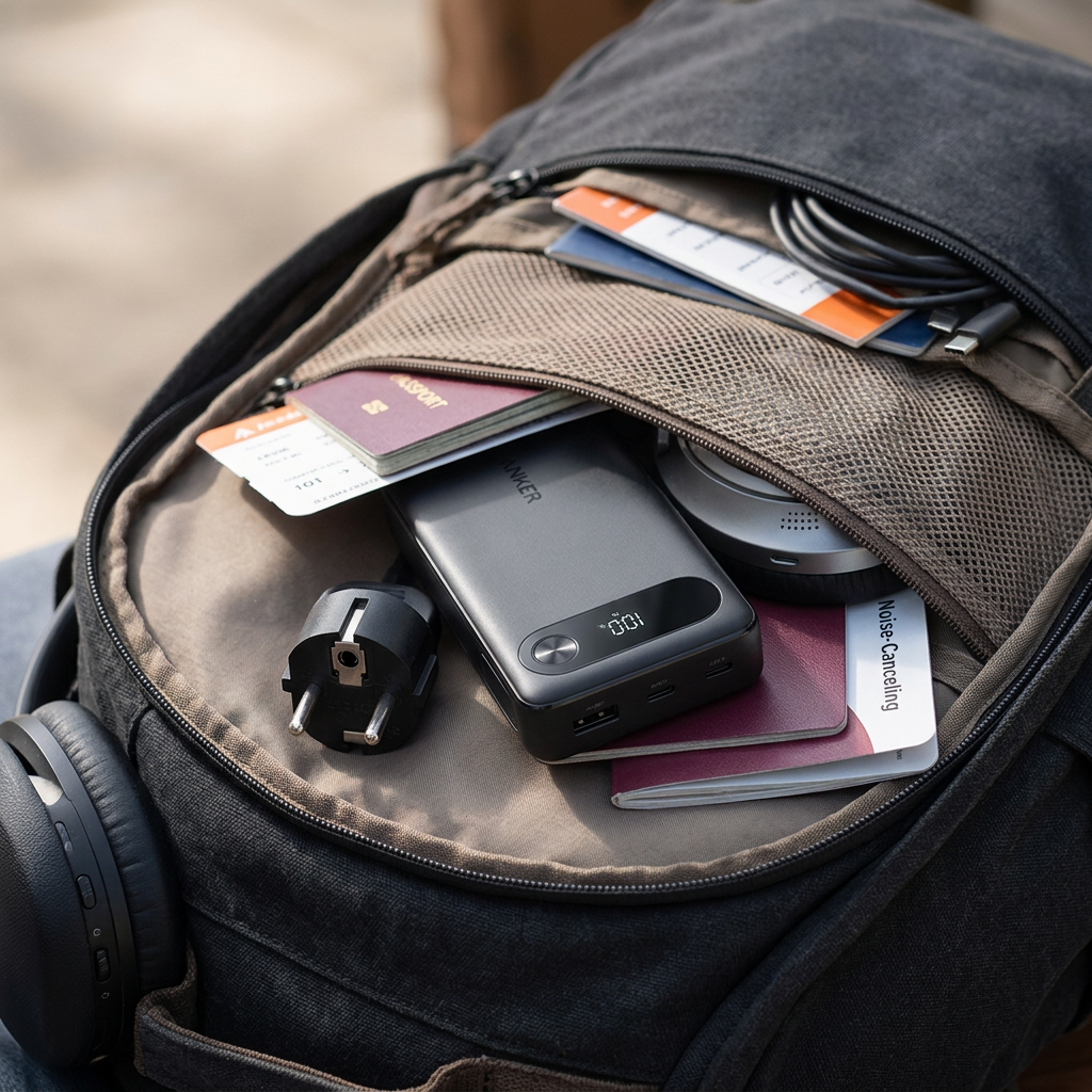 KI-Visualisierung: Anker Powerbank (20K, 87W, Integriertes USB-C Kabel) Powerbank in einer Reisetasche verstaut