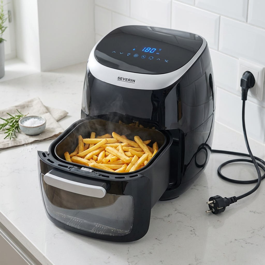 KI-Visualisierung: Severin Multi-Heißluftfritteuse FR-2446 Goldbraune Pommes im offenen Frittierkorb