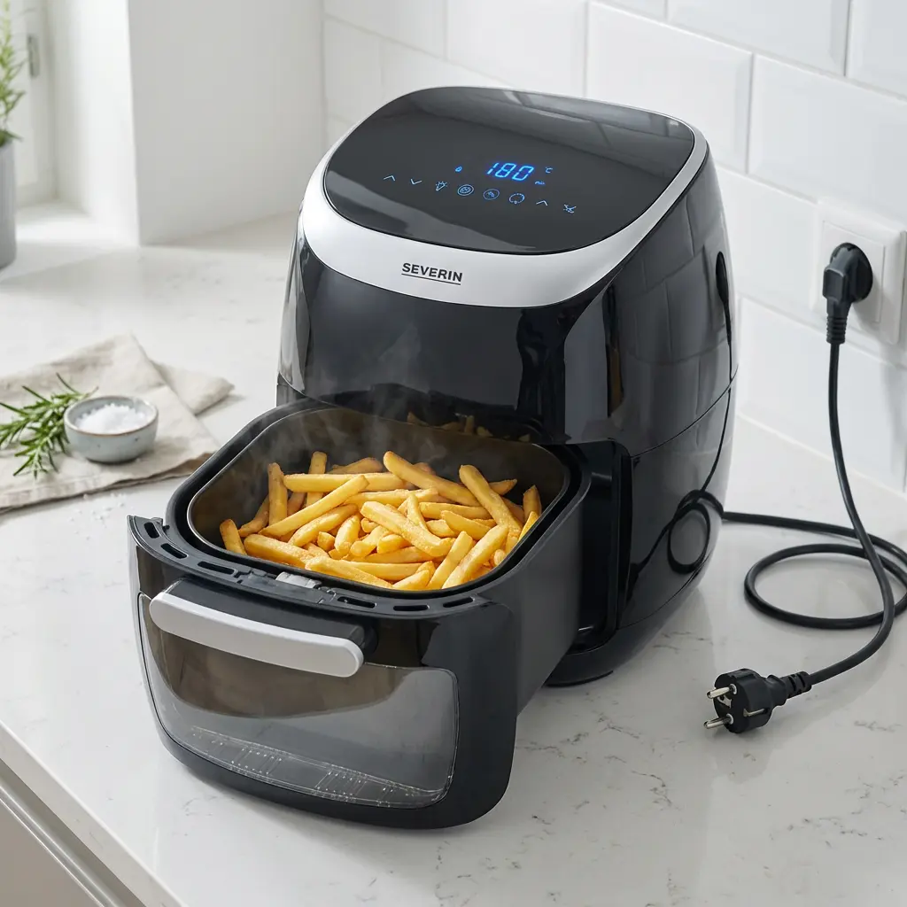 KI-Visualisierung: Severin Multi-Heißluftfritteuse FR-2446 Goldbraune Pommes im offenen Frittierkorb