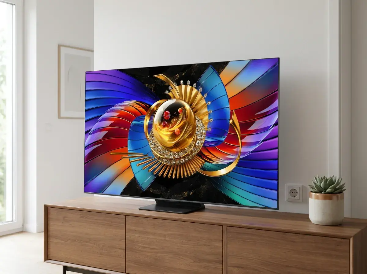 KI-Visualisierung: TCL 65Q7D Pro Fernseher auf einem Holzsideboard im Wohnzimmer