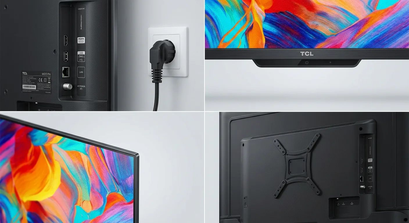 KI-Visualisierung: TCL 65Q7D Pro Detailansichten der TV-Rückseite und Anschlüsse