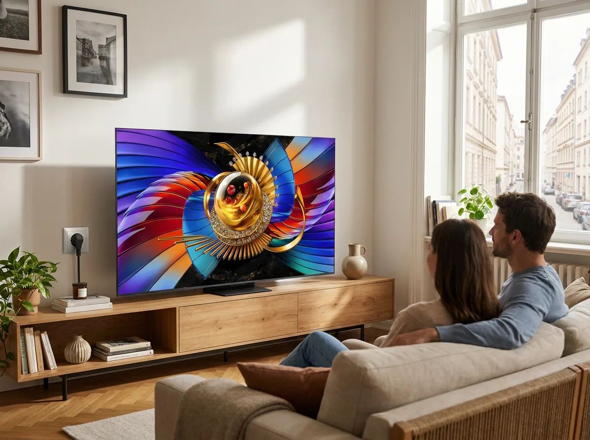 KI-Visualisierung: TCL 65Q7D Pro Paar sieht fern im Wohnzimmer
