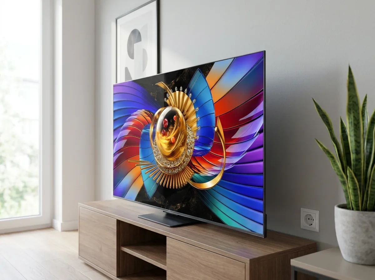 KI-Visualisierung: TCL 65Q7D Pro Fernseher auf einem Holzsideboard im Wohnzimmer