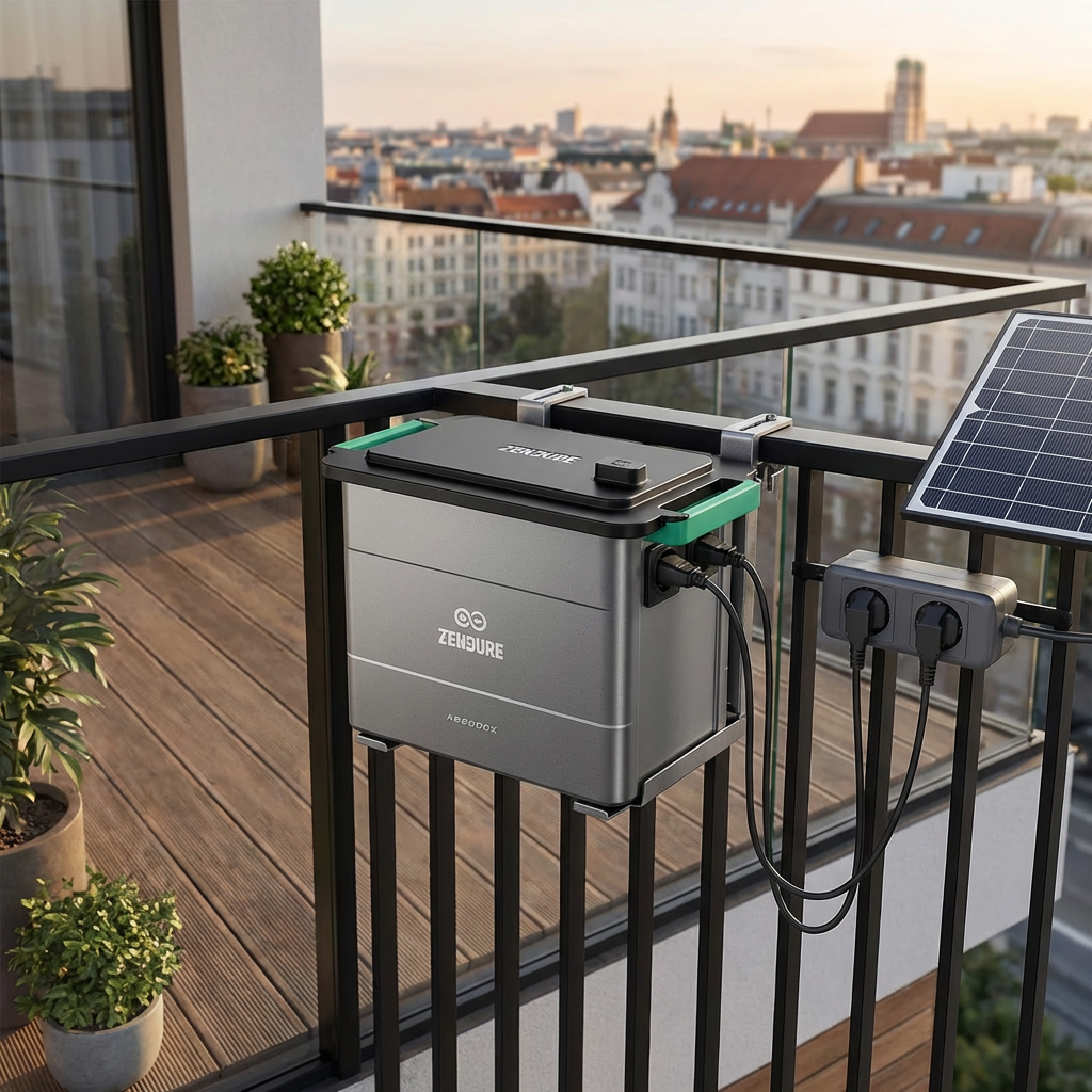 KI-Visualisierung: Zendure AIO Pro 1200 Solarspeicher am Geländer eines Balkons
