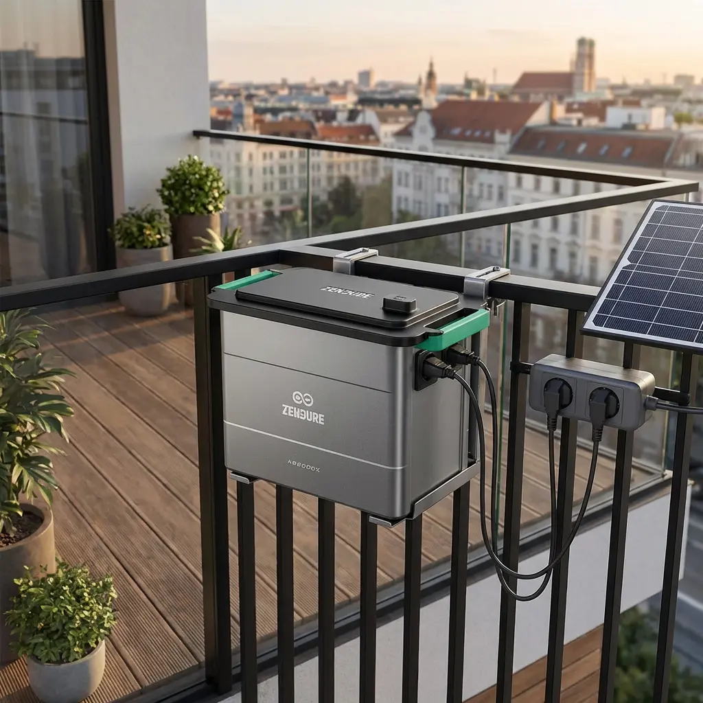 KI-Visualisierung: Zendure AIO Pro 1200 Solarspeicher am Geländer eines Balkons