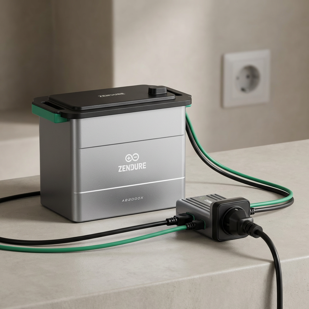 KI-Visualisierung: Zendure AIO Pro 1200 Wechselrichter und Kabelverbindungen im Detail