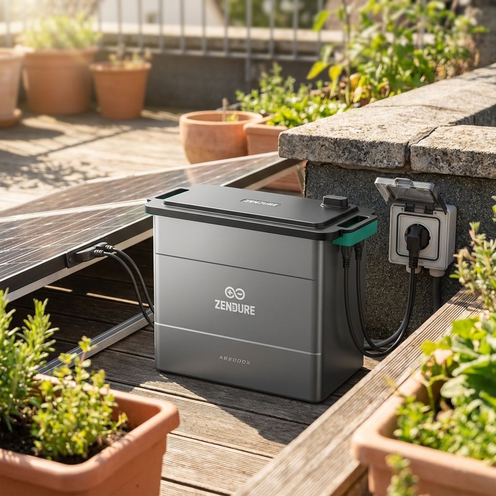 KI-Visualisierung: Zendure AIO Pro 1200 Solarspeicher zur Sonne geneigt installiert