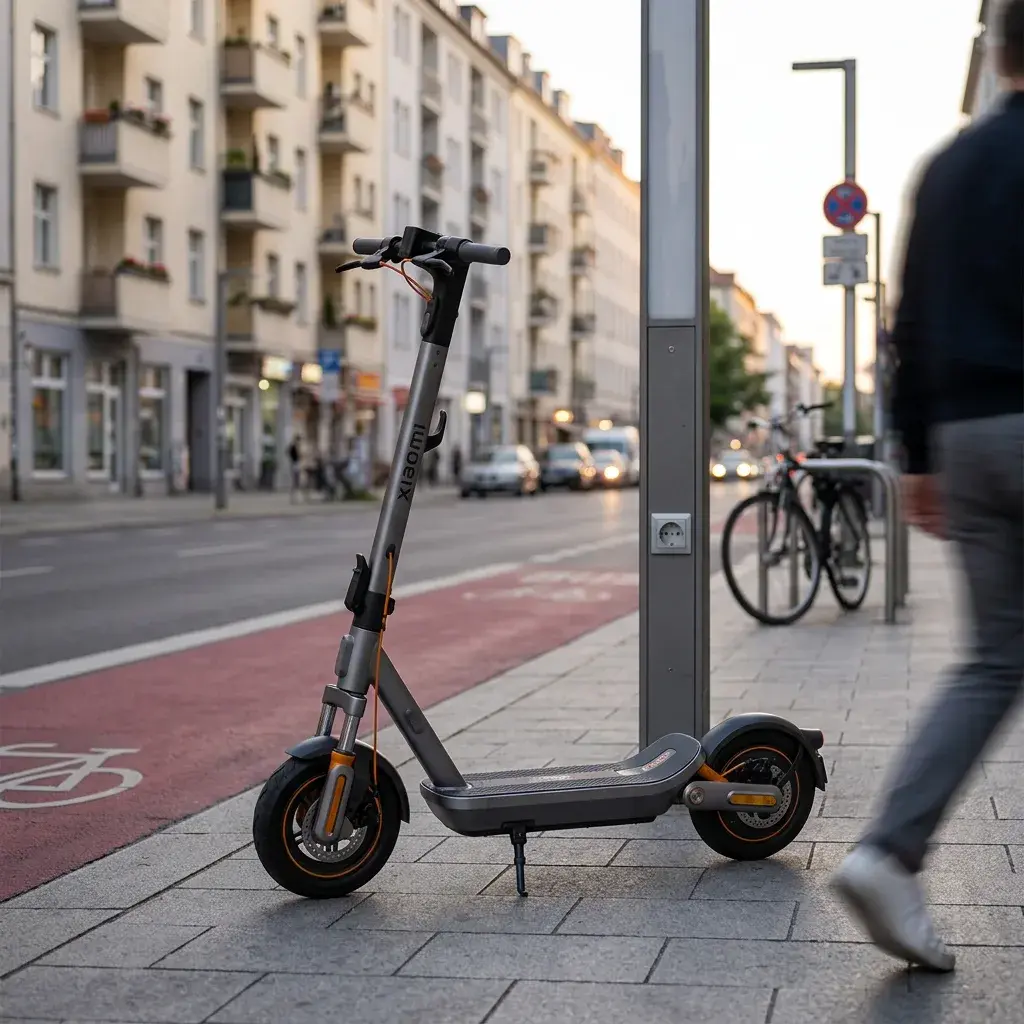 KI-Visualisierung: Xiaomi Electric Scooter 6 Max E-Scooter auf modernem Gehweg geparkt