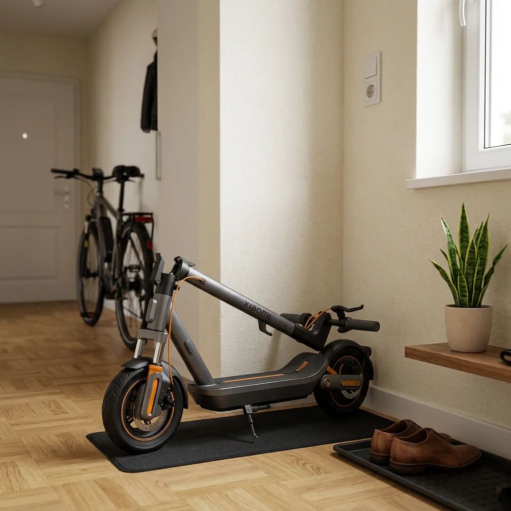 KI-Visualisierung: Xiaomi Electric Scooter 6 Max zusammengeklappter Elektroroller an einer Wand