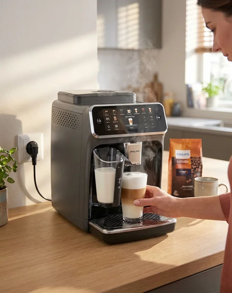 KI-Visualisierung: Philips EP5547/90 LatteGo 5500 Kaffeevollautomat auf hölzerner Küchentheke