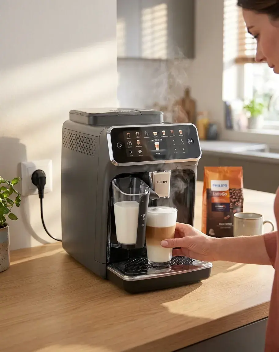 KI-Visualisierung: Philips EP5547/90 LatteGo 5500 Kaffeevollautomat auf hölzerner Küchentheke