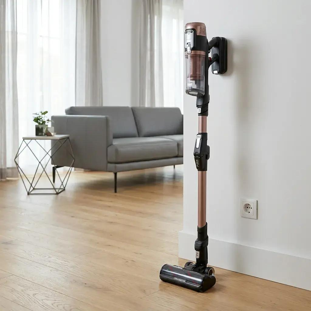 KI-Visualisierung: Rowenta X-FORCE FLEX 16.60, extreme Saugkraft, 315 AW, RH9C71 Handstaubsauger an einer hellen Wand