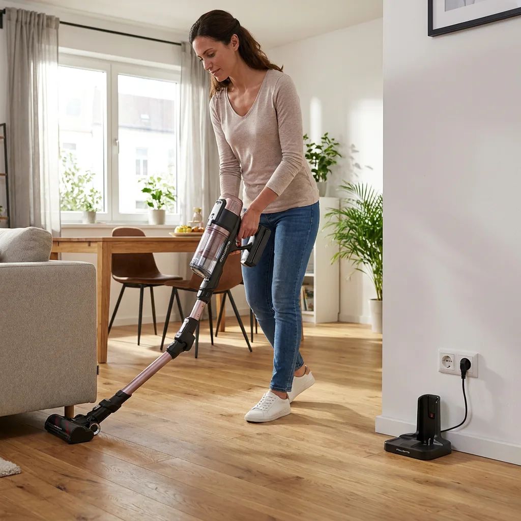 KI-Visualisierung: Rowenta X-FORCE FLEX 16.60, extreme Saugkraft, 315 AW, RH9C71 Frau beim Staubsaugen im Wohnzimmer