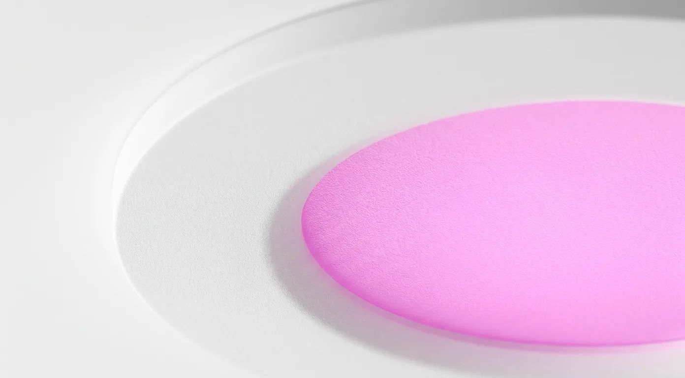 KI-Visualisierung: Philips Hue Slim Einbauleuchte 90 mm eine rosa leuchtende Einbauleuchte in einer Decke