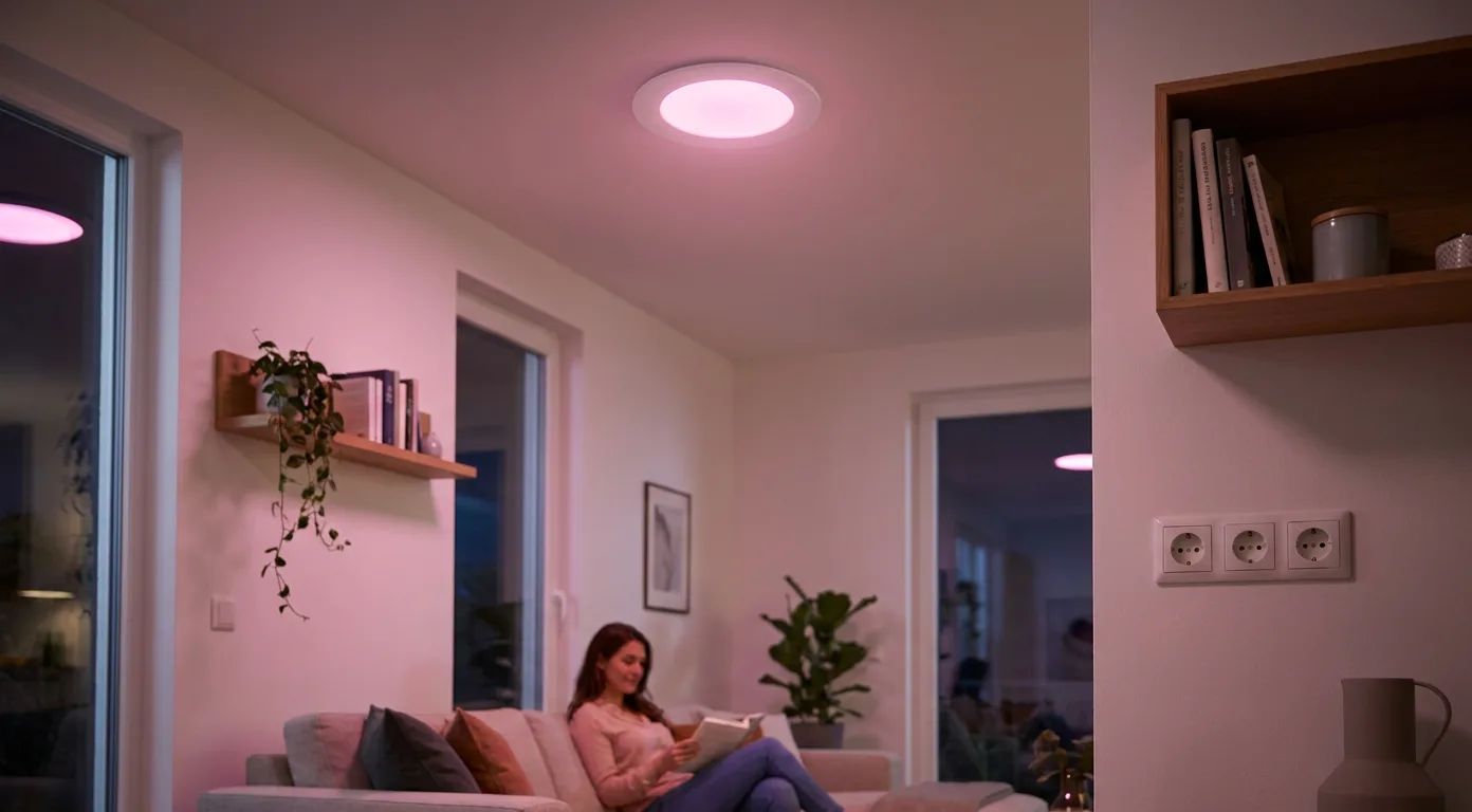 KI-Visualisierung: Philips Hue Slim Einbauleuchte 90 mm Deckenbeleuchtung im Wohnzimmer über dem Sofa