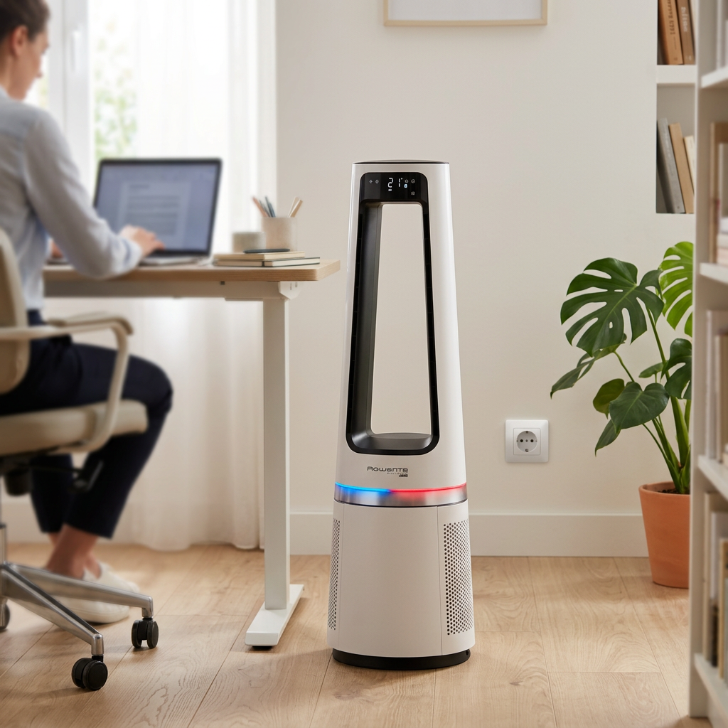 KI-Visualisierung: Rowenta Eclipse 3in1 plus Filter Luftreiniger im Arbeitszimmer während Nutzung