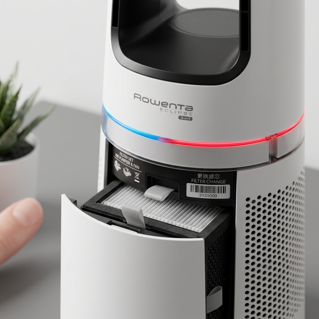 KI-Visualisierung: Rowenta Eclipse 3in1 plus Filter Luftqualitätsanzeige und Filterfach im Detail