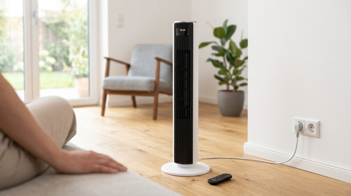 KI-Visualisierung: Levoit Classic 36 DC Turmventilator Turmventilator steht im Wohnzimmer