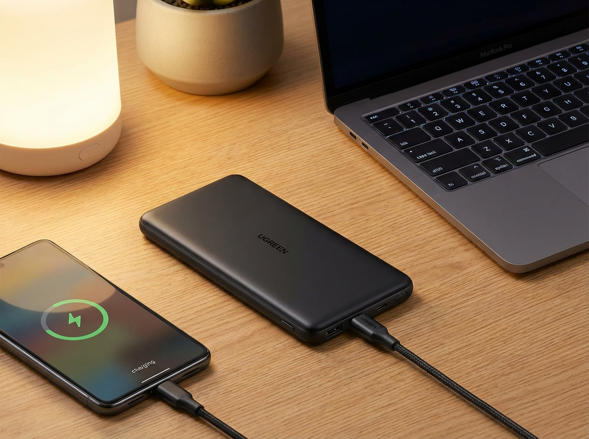 KI-Visualisierung: UGREEN Powerbank (20000mAh, 22.5W, integriertem USB-C-Kabel) Powerbank mit Kabel lädt Handy