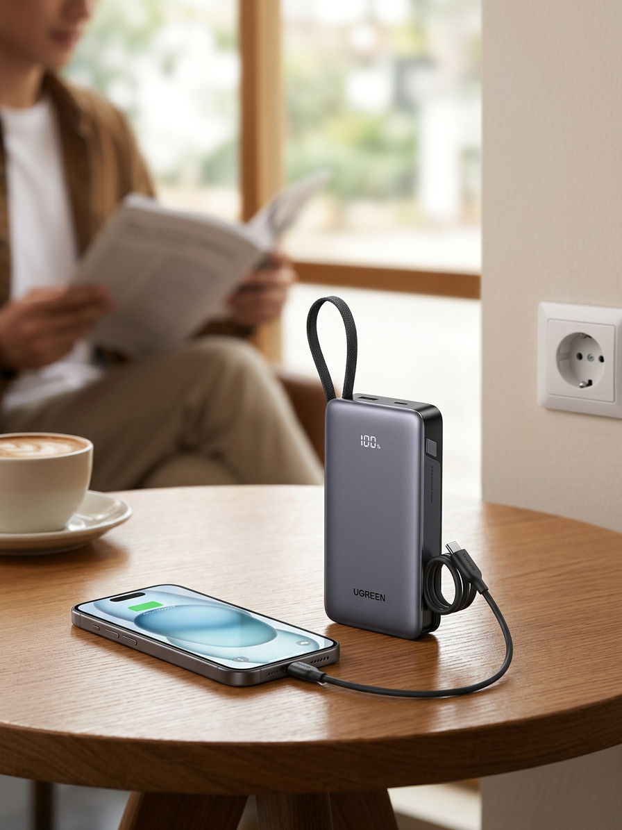 KI-Visualisierung: UGREEN Powerbank (20000mAh, 22.5W, integriertem USB-C-Kabel) Smartphone-Ladung per USB-C-Kabel