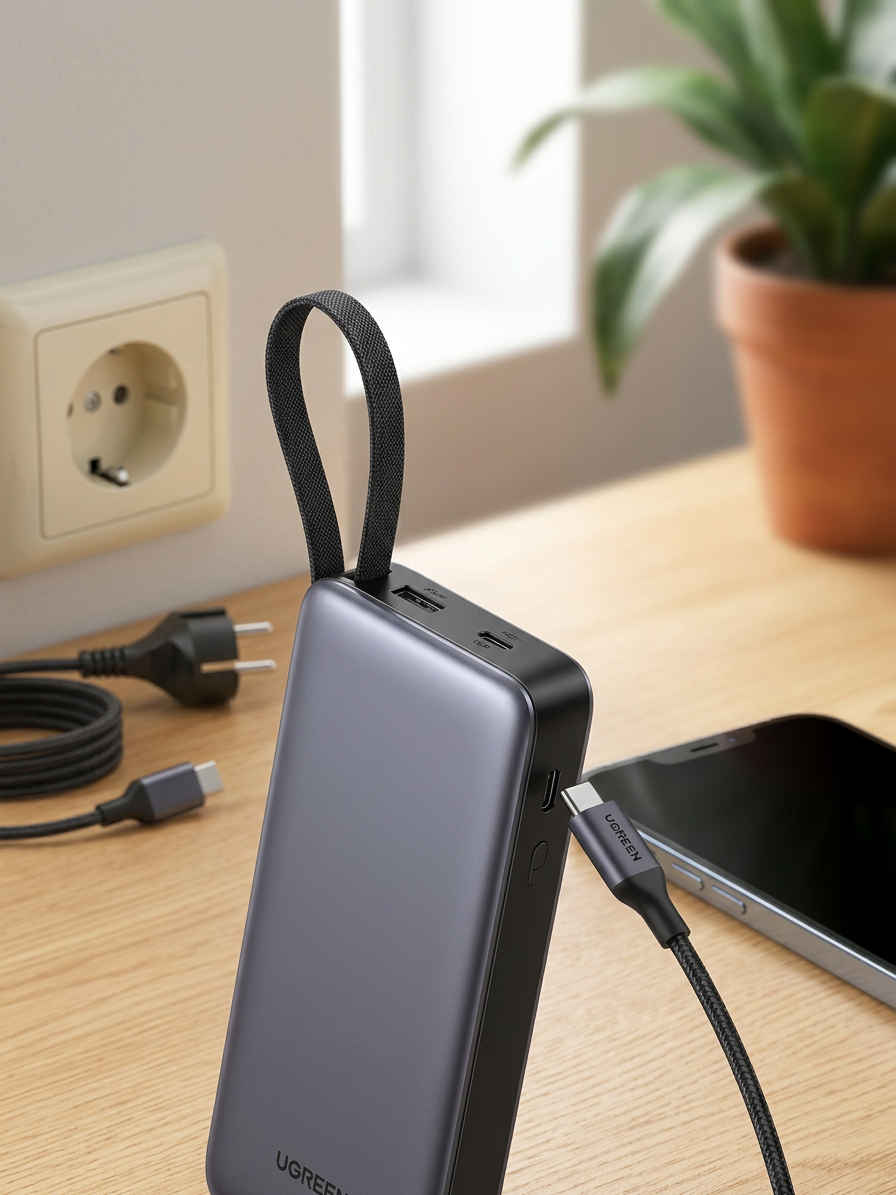 KI-Visualisierung: UGREEN Powerbank (20000mAh, 22.5W, integriertem USB-C-Kabel) Nahaufnahme von Buchsen und Kabeln