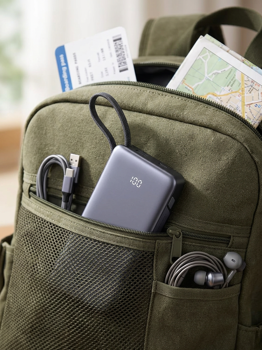 KI-Visualisierung: UGREEN Powerbank (20000mAh, 22.5W, integriertem USB-C-Kabel) Powerbank mit Kabel in Reisetasche