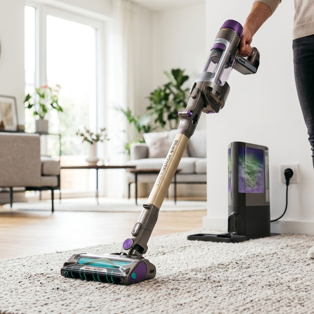 KI-Visualisierung: Shark PowerDetect Clean & Empty! Staubsaugen eines Teppichs im Wohnzimmer