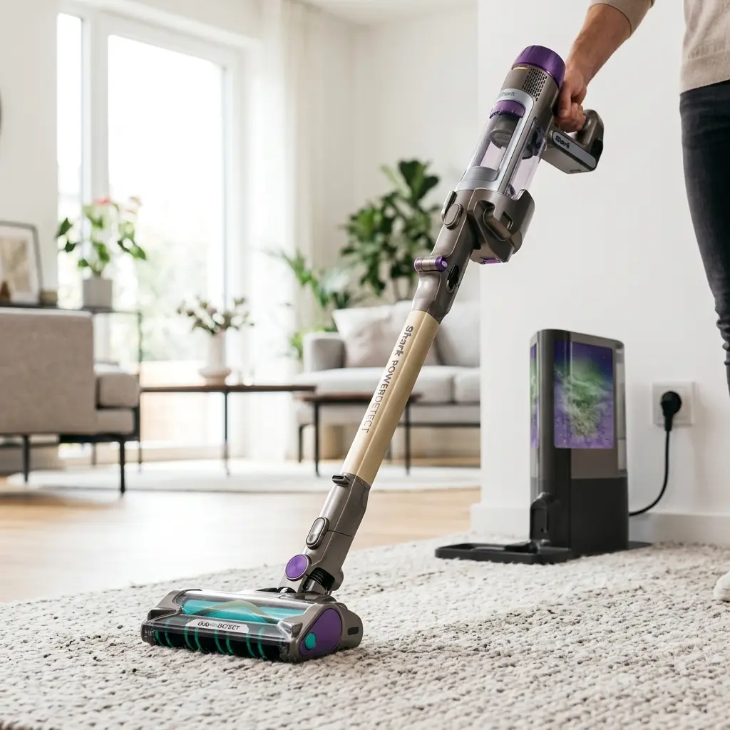 KI-Visualisierung: Shark PowerDetect Clean & Empty! Staubsaugen eines Teppichs im Wohnzimmer