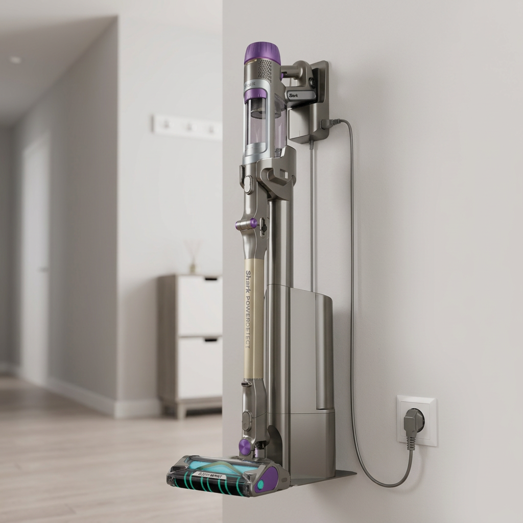 KI-Visualisierung: Shark PowerDetect Clean & Empty! Staubsauger an der Wandhalterung