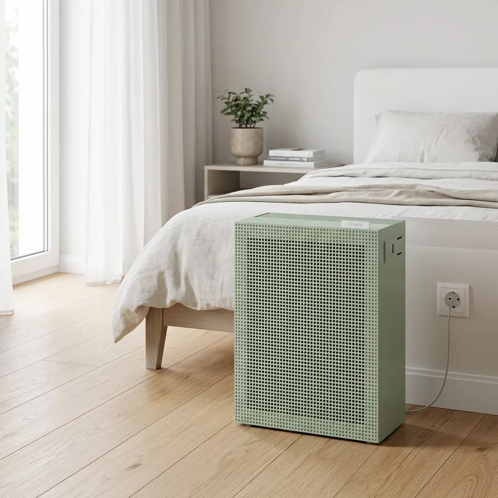 Coway Airmega Jet – placed on the floor next to a bed, purifying air in a calm sleeping environment