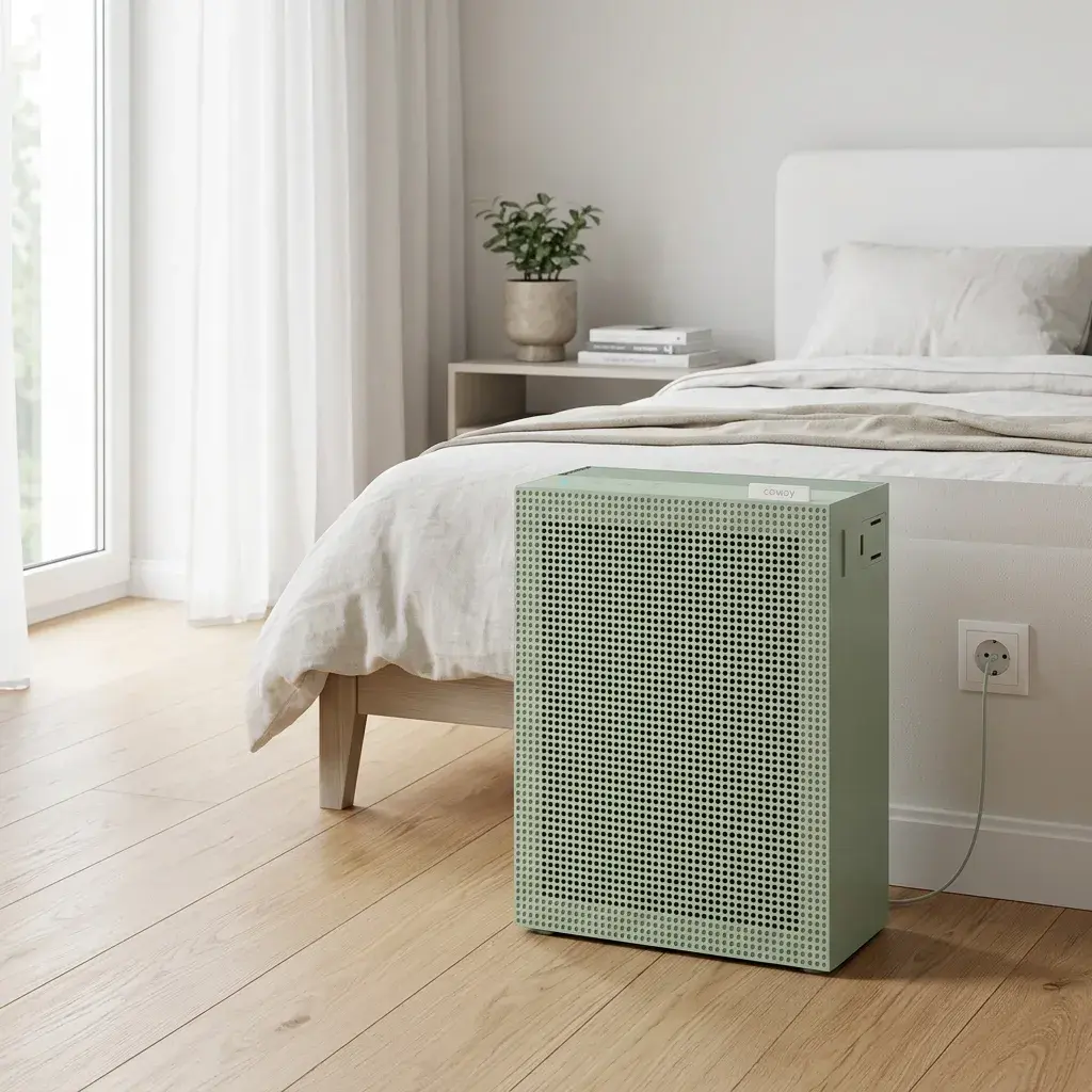 Coway Airmega Jet – placed on the floor next to a bed, purifying air in a calm sleeping environment