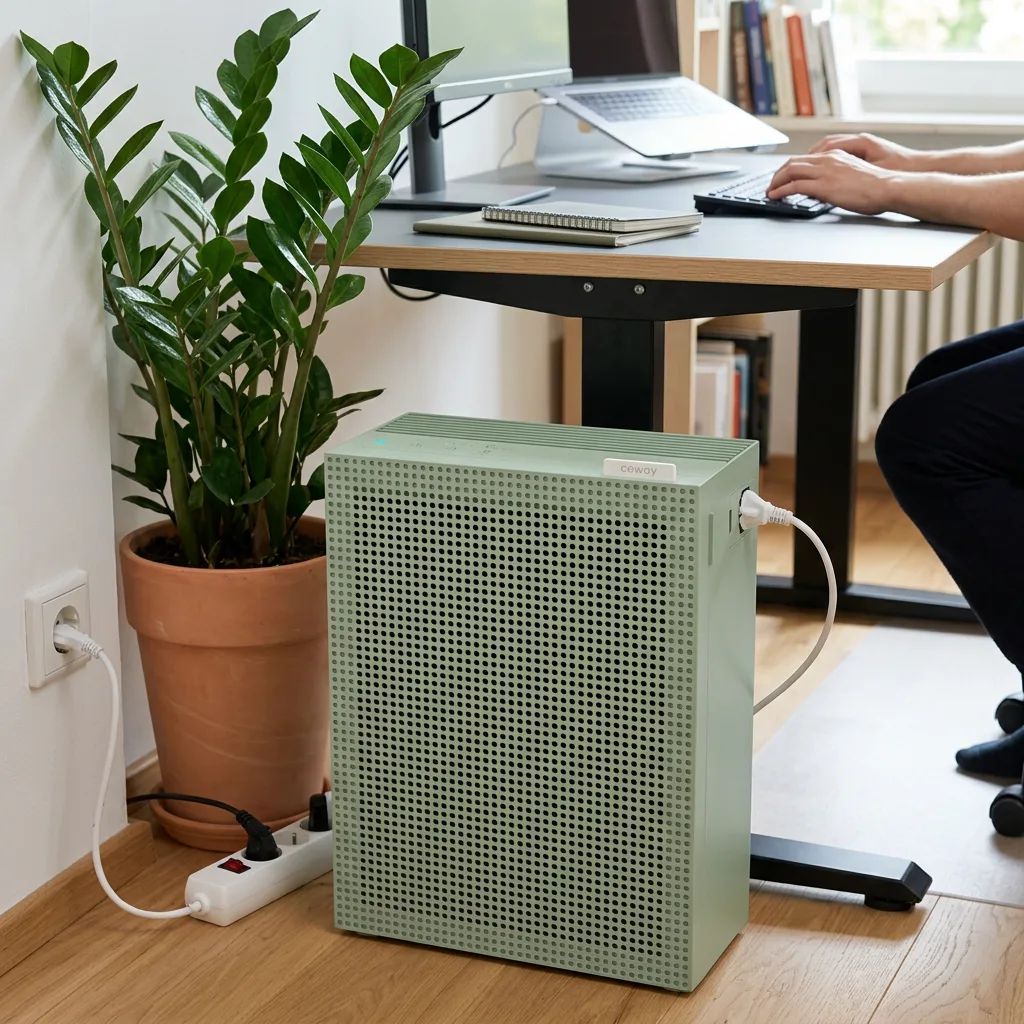 Coway Airmega Jet – running quietly in a home office setting during work