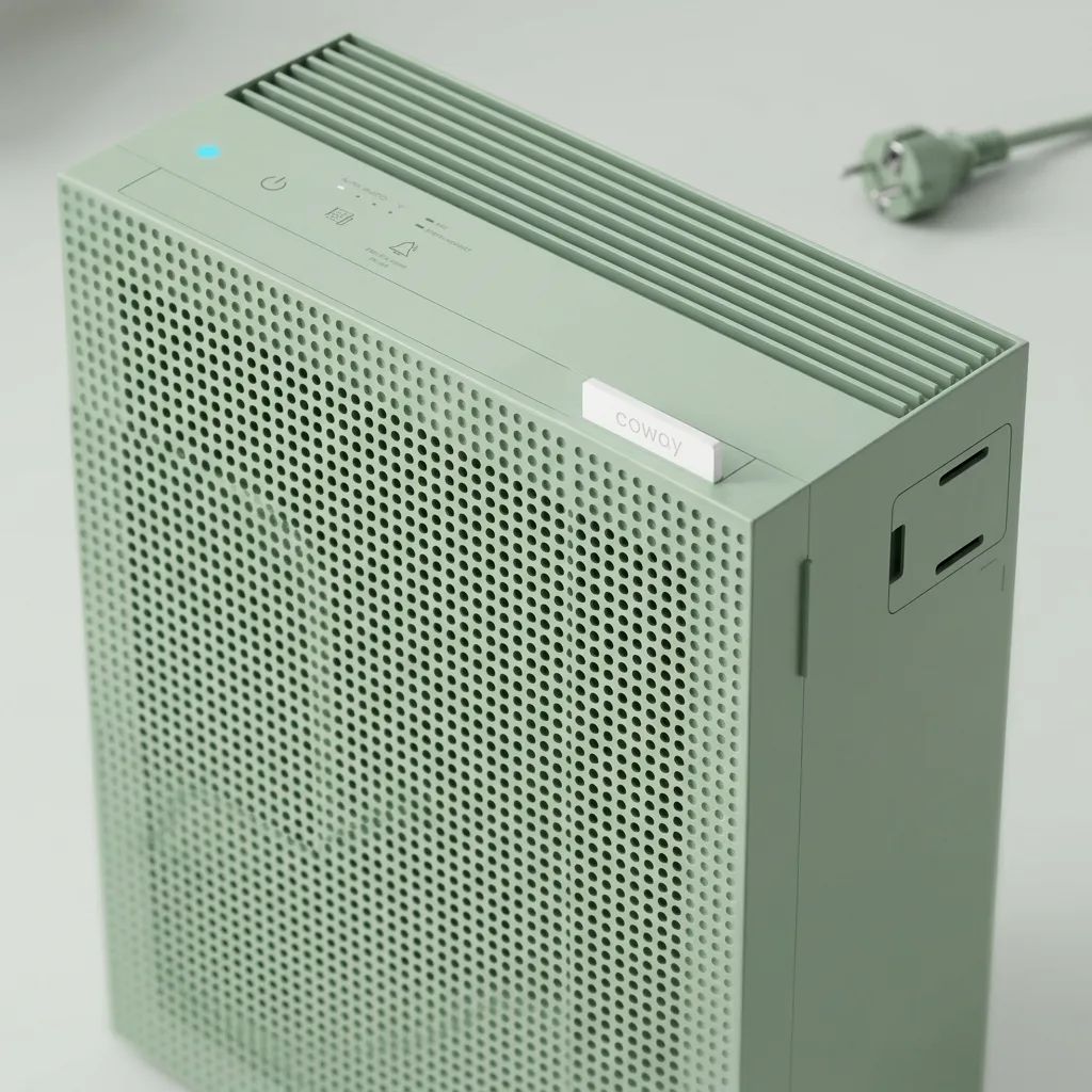 Coway Airmega Jet – detailed view of the air quality display, controls and filter compartment