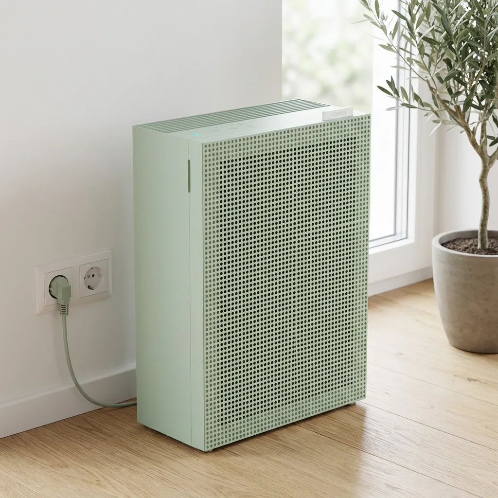 Coway Airmega Jet – shown from the side in a calm, tidy setting with soft daylight